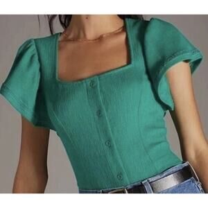 Anthropologie Dolan Size M Structured Green Button-Up Flutter Sleeve Preppy Top